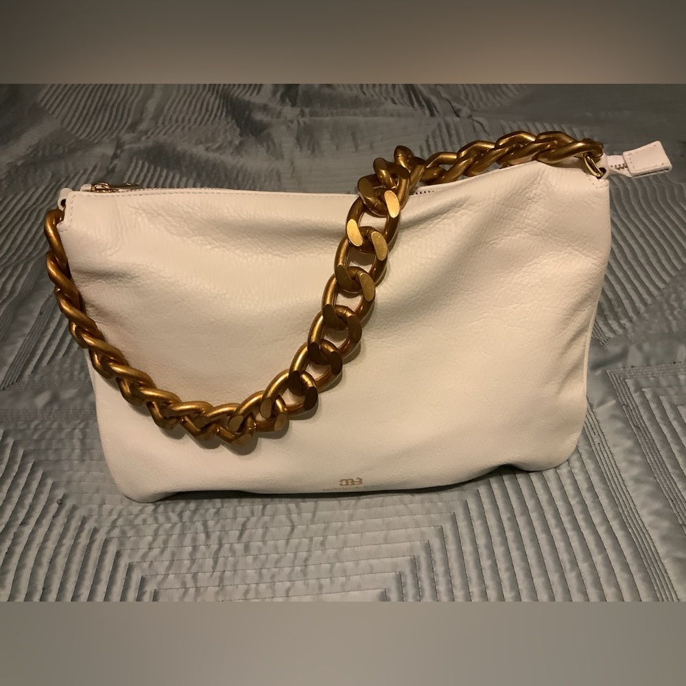 Monica Bini White Leather Handbag Purse With Gold Chain Strap NEW - Picture 5 of 11